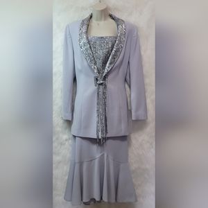 Elite Champagne 3pc Suit Skirt Top Grey Silver Floral Mother of the bride formal